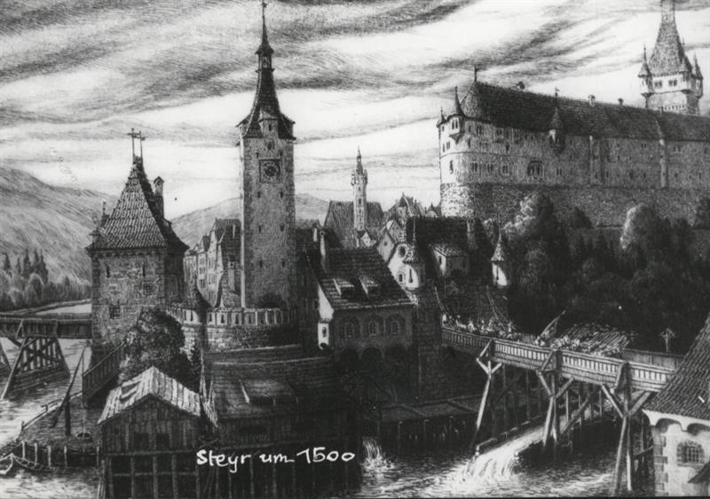 Aussicht auf Zwischenbrücken und Burg um 1500